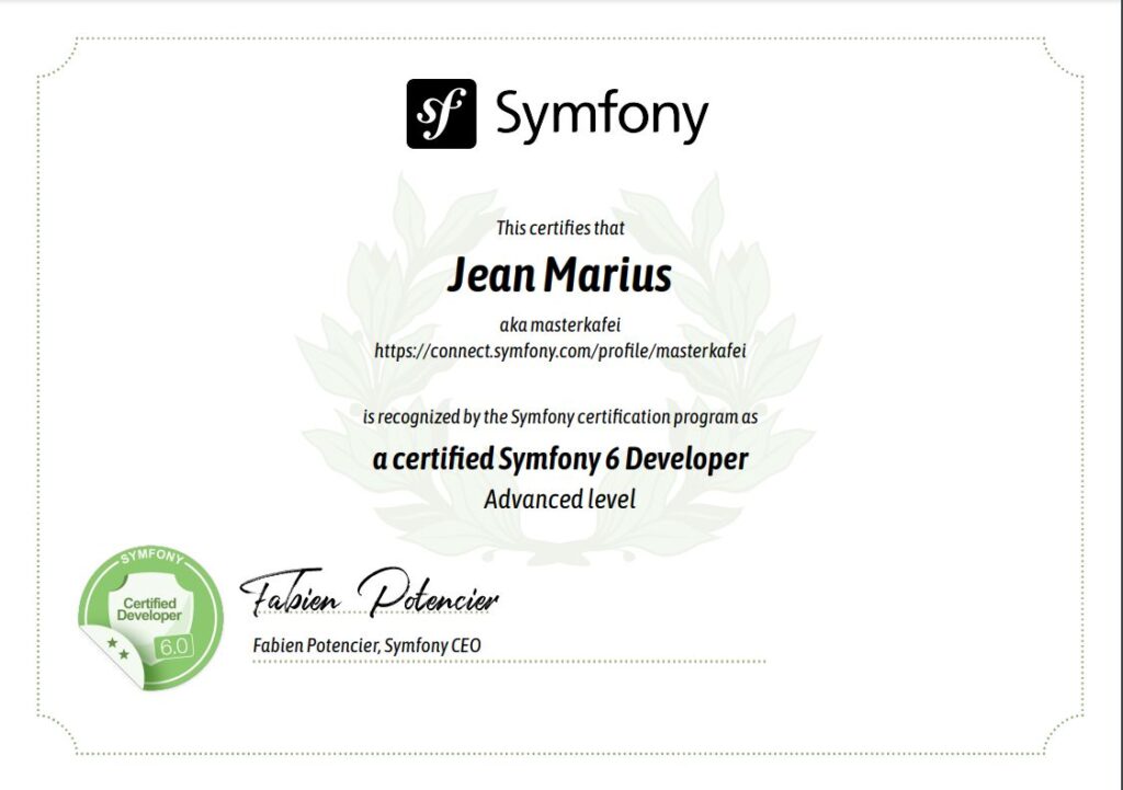 Certification Symfony signé par Fabien Potencier